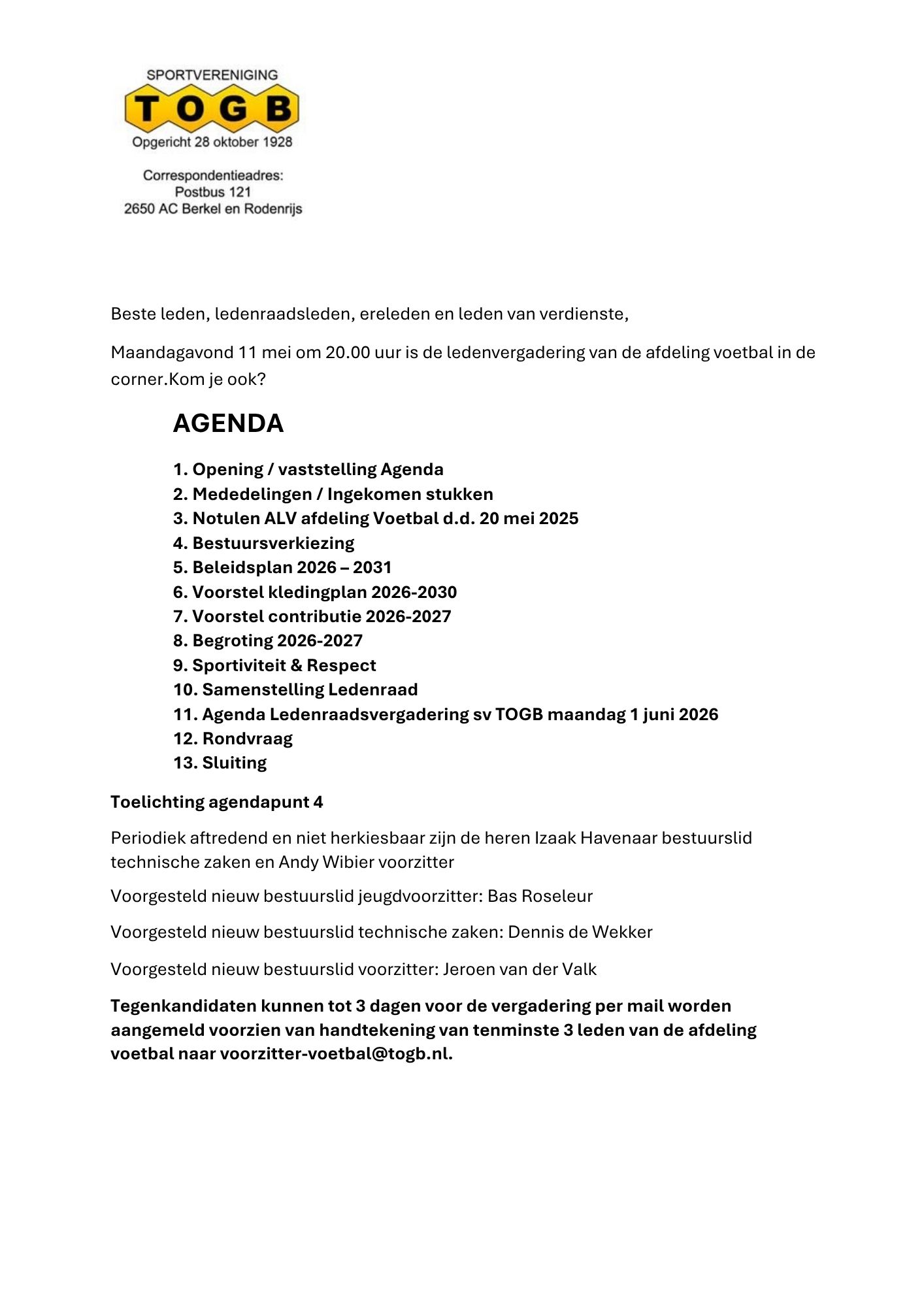Uitnodiging en agenda Algemene leden vergadering 11 mei 2026